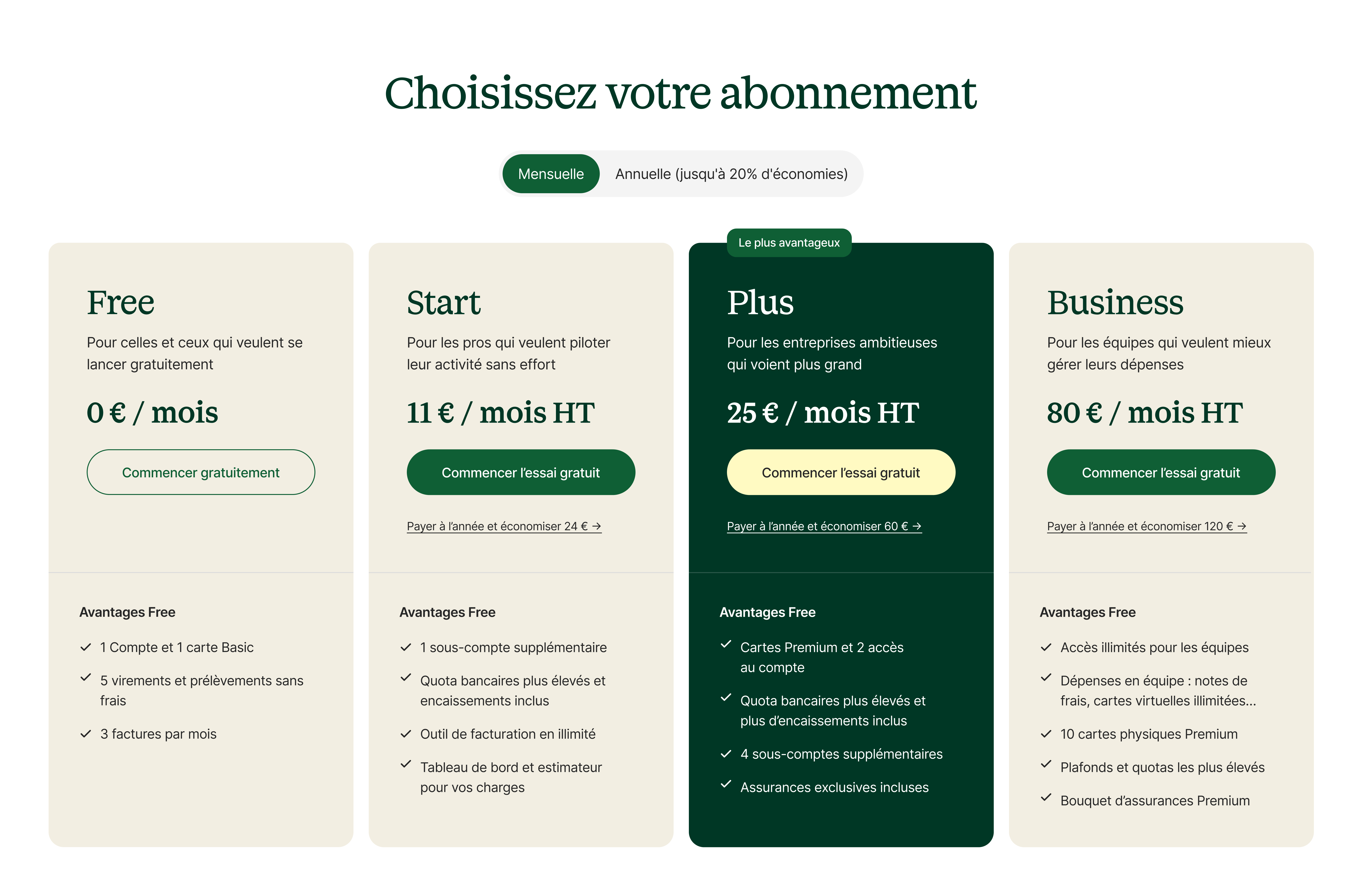 Offres et tarifs Shine — comparaison des formules Free, Start, Plus et Business